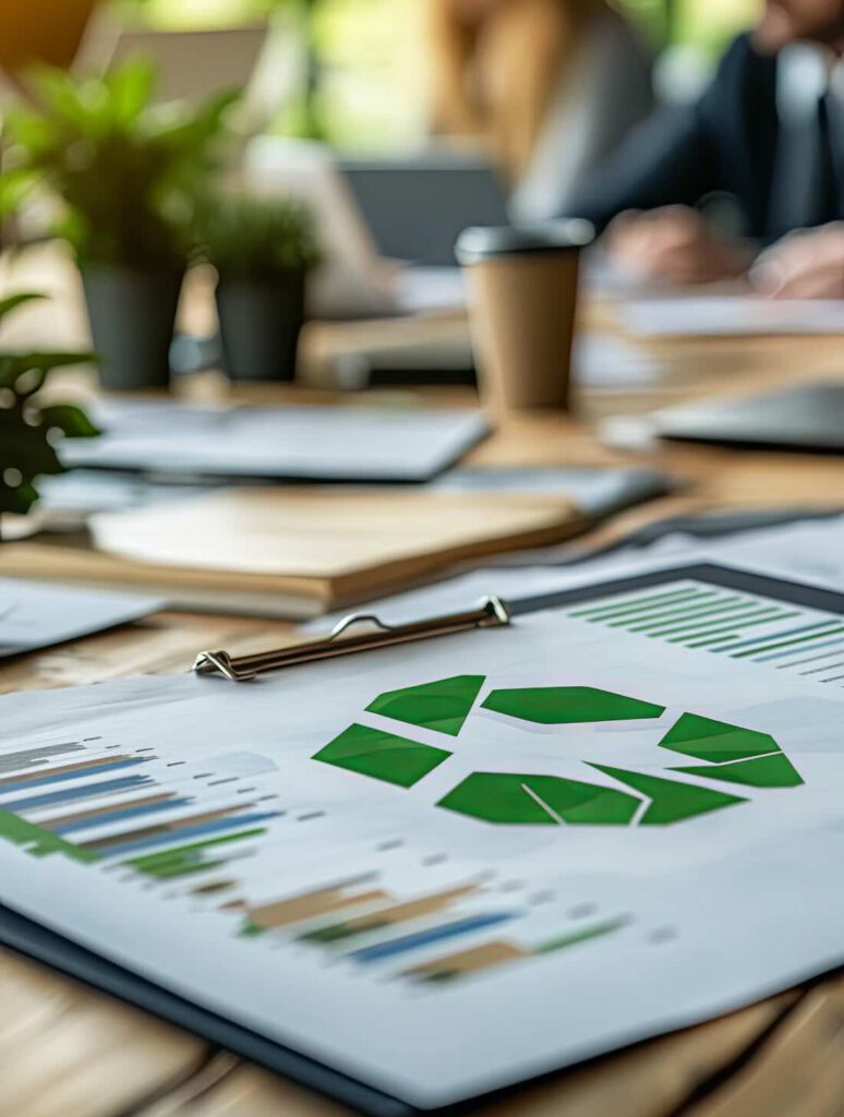 Consultoría ambiental analizando datos de emisiones corporativas.