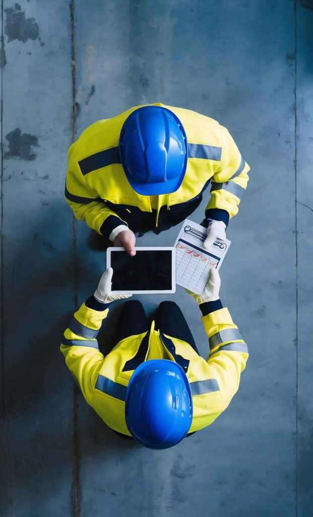 Auditor revisando procedimientos de seguridad laboral en empresa.